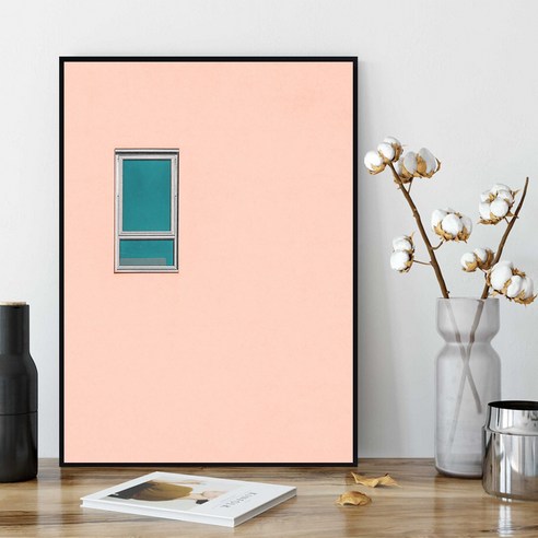 마벨인홈 인테리어 포스터 분홍벽과 창문 + 우드원목 액자 세트, 블랙
