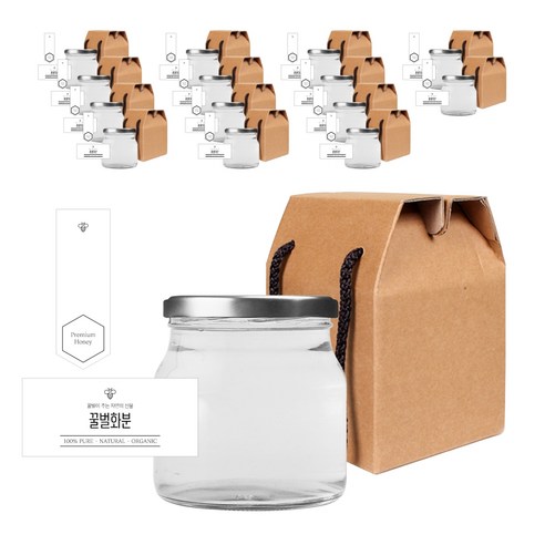 원형식품 꿀병 500g + 실버캡 + 심플꿀벌화분S 스티커 + 봉인스티커 세트, 15세트, 400ml
