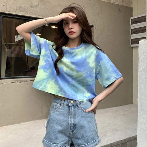 엘쏘 여성용 그라데이션 프린팅 루즈핏 크롭 반팔 티셔츠