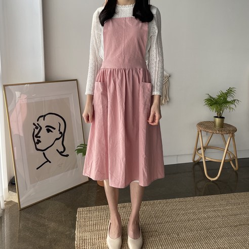 쿠이나 린넨 원피스 포켓 앞치마, 핑크, 1개