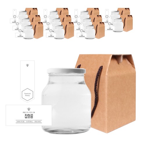 원형식품 꿀병 1000g + 화이트캡 + 심플잡화꿀S 스티커 + 봉인스티커 세트, 12세트, 780ml