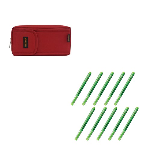 에코청운 포켓 지퍼 펜케이스 + 고쿠요 비틀팁 3way 형광펜 10p 세트, 빨강(케이스),  연두(형광펜), 1세트