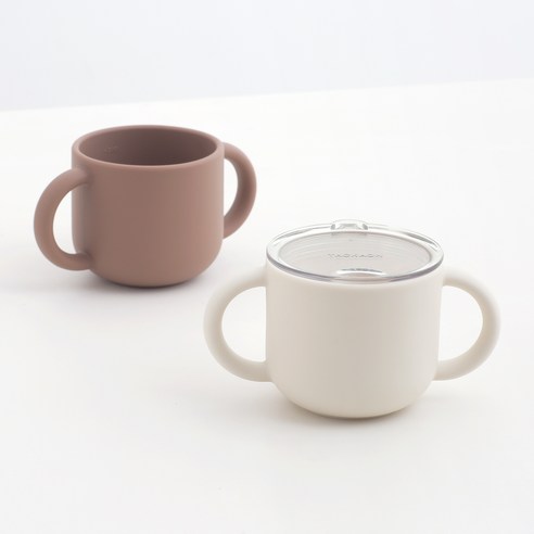 탁가온 아동용 123 실리콘 트레이닝 컵 200ml x 2p + 뚜껑 세트, 아이보리, 브라운, 1세트