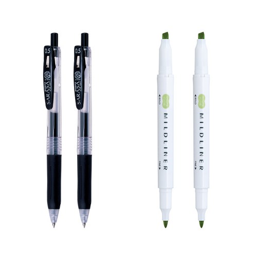 제브라 마일드라이너 마카 2p + 사라사 클립 볼펜 0.5mm 2p 세트, 그린(마일드라이너), 검정(볼펜), 1세트