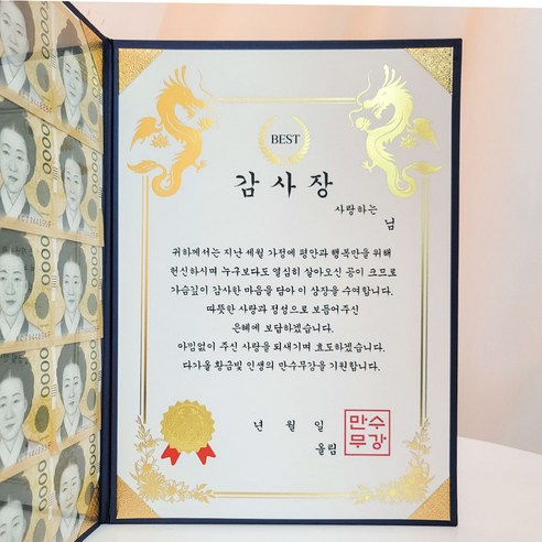 이플린 부모님 생신 어버이날 선물 용돈상장 + 돈보호 필름 세트, 01_BEST 감사장, 1개