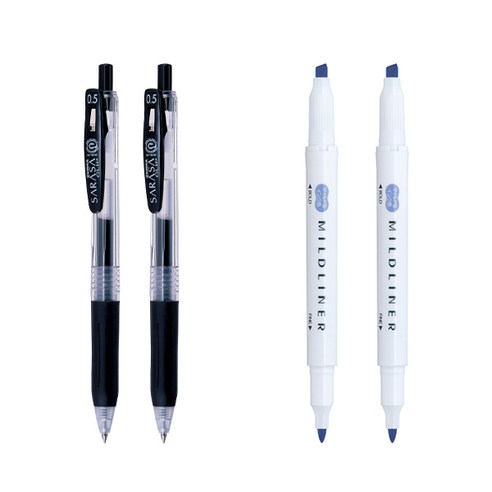 제브라 마일드라이너 마카 2p + 사라사 클립 볼펜 0.5mm 2p 세트, 다크블루(마일드라이너), 검정(볼펜), 1세트