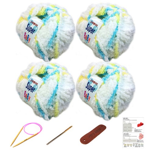 행복뜨기 슈퍼베이비 뜨개실 4p + 바늘 6mm + 돗바늘 + 가죽 라벨 + 목도리 도안 세트, 1세트, 하늘노랑