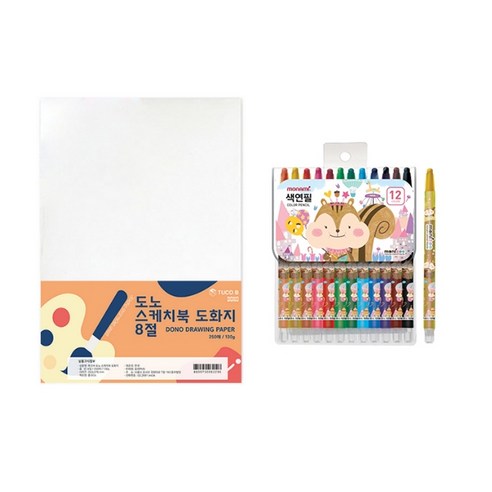 도노 스케치북 도화지 8절 130g 8절 250매 + 모나미 모니주 샤프식 색연필 12색 문구세트, 단일색상(도화지), 여(색연필), 1세트
