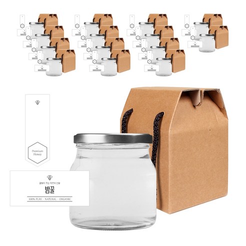 원형식품 꿀병 500g + 실버캡 + 심플밤꿀S 스티커 + 봉인스티커 세트, 15세트, 400ml