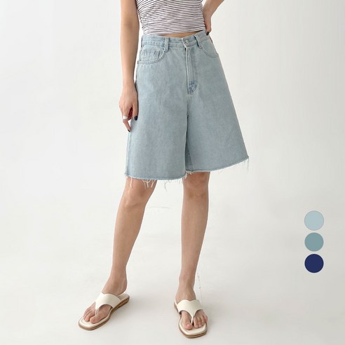 플랜데이 여성용 밑단 컷팅 베이직 루즈 4부 데님 버뮤다 팬츠