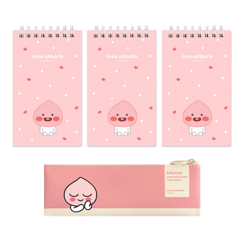 카카오프렌즈 모던스타일미니 플랫 펜슬케이스 + 상철 스프링수첩 3p, 핑크(펜슬케이스), 리틀어피치(수첩), 1세트