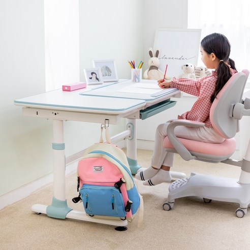루나랩키즈 어린이 초등학생 책상 기본형 + 의자 방문설치, 책상(블루), 의자(카모 핑크)