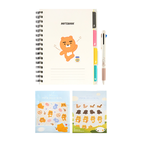 카카오프렌즈 A5 스프링 인덱스노트 + 데일리 4in1 샤프컬러펜 + 에이프릴샤워 마스크 씰 스티커 2p 세트, 라이언(노트), 라이언(펜), 랜덤발송(스티커), 1세트