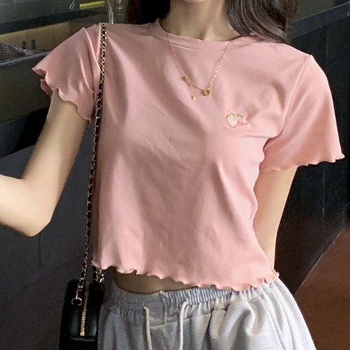 선빛정보통신 여성용 투스트로 크롭 루즈핏 프릴 딸기 티셔츠