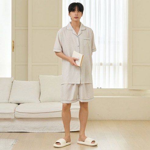 여름밤, 사랑을 속삭이는 듯한 커플룩: 글램공감 요루 유리 스트라이프 반팔 투피스 요루면잠옷