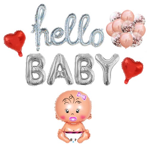 hello BABY 베이비 샤워 파티 여자아기 풍선 세트, 실버(hello, BABY), 레드(하트풍선), 메탈로즈골드톤(라운드풍선), 1세트