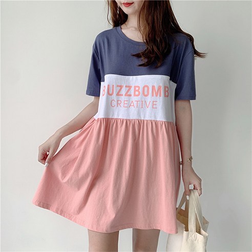 BUZZBOMB 레터링 배색 임산부 반소매 미니원피스
