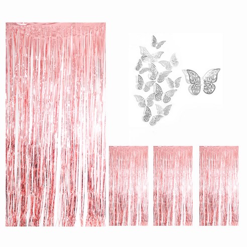 파티쇼 커튼 4p + 나비데코 3종 x 4p 세트, 로즈실버(커튼), 나비데코(실버), 1세트