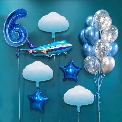 마켓감성 블루비행기테마 생일풍선세트, 타입6, 1세트