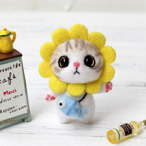 아트조이 DIY 양모펠트 키트, 1세트, 노란꽃고양이