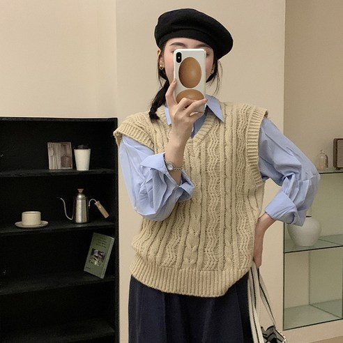 앤드스타일 여성용 덴젤 지그재그 브이넥 니트 조끼 263282