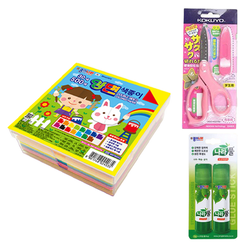 종이나라 16000 양면 색종이 케이스 500매 + 고쿠요 SAXA 플라이 캡 가위 핑크 + 나라풀 15g x 2p 세트, 1세트, 50색