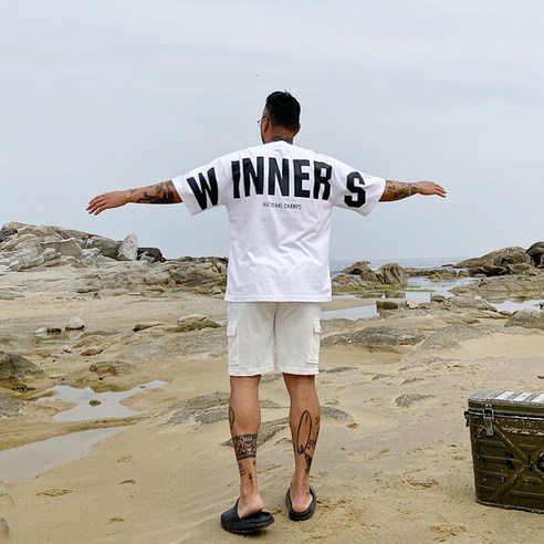 파이브라지 빅사이즈 오버핏 백 위너스 레터링 포인트 반팔 티