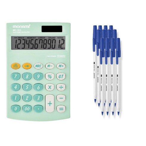 모나미 계산기 MC-103 + 153 스틱 0.7 12p 세트, 혼합색상(계산기), 블루(볼펜), 1세트