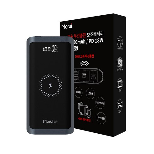 모루이 고속 무선 충전 보조배터리 20000mAh C타입, WP203, 블랙