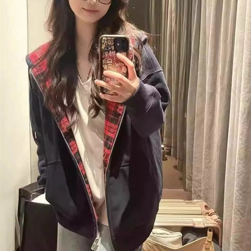 피어니스트 격자 체크 포켓 오버핏 스포티 후드집업
