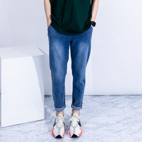 남성용 더간지 밴딩 기본 세미 와이드 데님팬츠