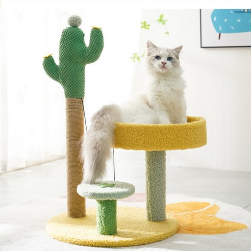 PETCA 고양이 기둥형 3단 선인장 스크래쳐 캣타워 장난감, 1개, 옐로우