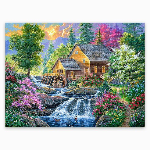 케이엠엘리홀딩스 DIY 3D 원형 보석십자수 일체형 캔버스 액자 50 x 40cm, 숲속의행복한집, 1개