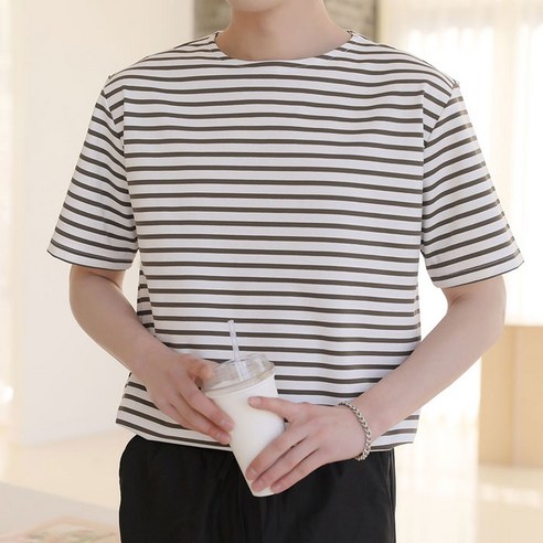 플레이즈 남성용 덴타 덤블 가공 분또 스트라이프 반팔 티셔츠