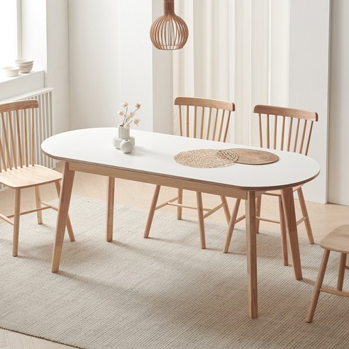 웰퍼니쳐 피오니 자작나무 타원형 식탁 1800 + 의자 4p 방문설치, 테이블(화이트), 의자(원목)