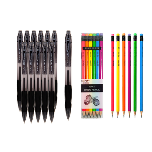 문화연필 에버펜 0.5mm 12p + 투코비 코마 삼각 지우개 연필 TC-208 B 12p 세트, 검정(볼펜), 1세트