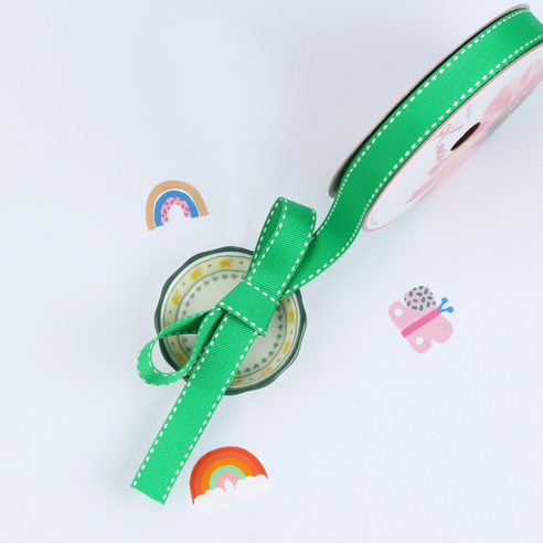 골직 스티치 리본 15mm, 초록 + 백색, 2개, 15m