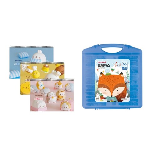 몰랑이 두툼 미술용 스케치북 170g x 3p + 모나미 모니주 가방파스 55색 문구세트, 랜덤발송(스케치북), 남(크레파스), 1세트
