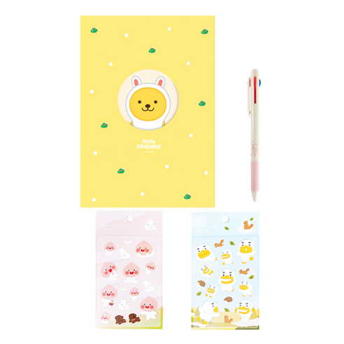 카카오프렌즈 B6 돔송창 무선철노트 + 데일리 4in1 샤프컬러펜 + 에이프릴샤워 면크로스 스티커 2p 세트, 리틀무지(노트), 랜덤발송(펜, 스티커), 1세트