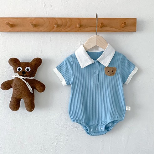 조이멀티 남아용 화이트카라 골지 곰돌이 바디슈트