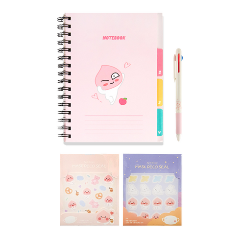 카카오프렌즈 A5 스프링 인덱스노트 + 데일리 4in1 샤프컬러펜 + 에이프릴샤워 마스크 씰 스티커 2p 세트, 어피치(노트), 어피치(펜), 랜덤발송(스티커), 1세트