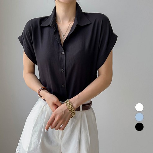 세컨그라운드 여성용 캡소매 롤업 카라 블라우스