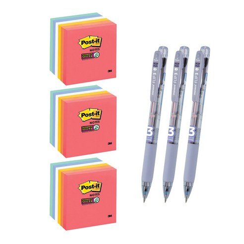쓰리엠 포스트잇 강한점착용 노트 하바나 654-6SSHAV 3p + 플립 3색 볼펜 0.5 3p, 라벤더(볼펜), 1세트