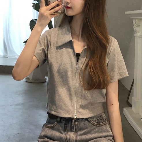 마켓에이 여성용 카라 크롭 티셔츠 – 투웨이지퍼 디테일 (반팔) 크롭집업