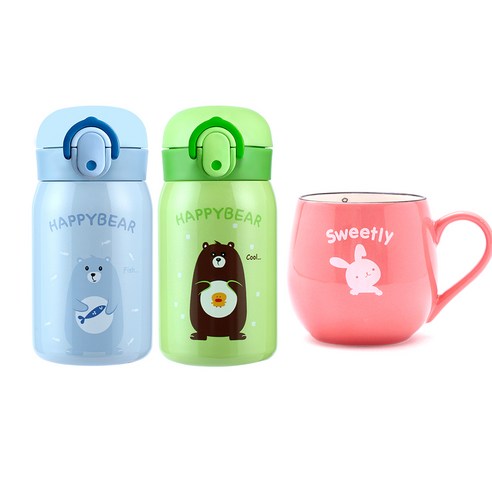 해피베어 원터치 보온보냉병 2종 + 둥근달 머그 세트, 250ml, 스카이블루, 그린