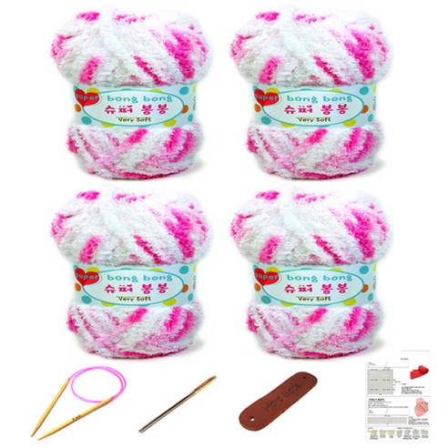행복뜨기 슈퍼봉봉 뜨개실 4p + 줄바늘 4.5mm + 돗바늘 + 라벨 + 4종 목도리도안 세트, 1세트, 분홍핑크