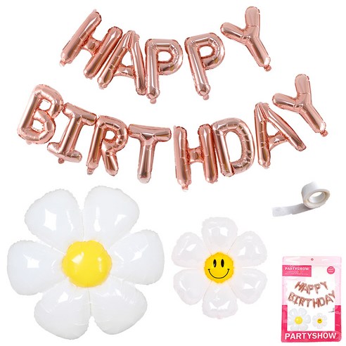 파티쇼 메세지 은박풍선 생일 + 데이지 플라워 소 + 중 + 다용도 글루닷 세트, 로즈골드(생일 풍선), 1세트