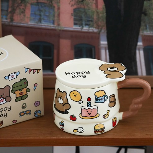 제이블룸 해피데이 애니멀 머그컵 400ml + 리드 컵뚜껑 + 선물포장 세트, 곰돌이(머그컵), 1세트