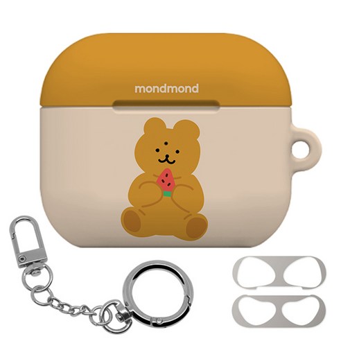 몬드몬드 에어팟 3세대 하드 케이스 + 철가루 방지 스티커 + 키링 세트, 곰돌이여름방학 수박곰브라운