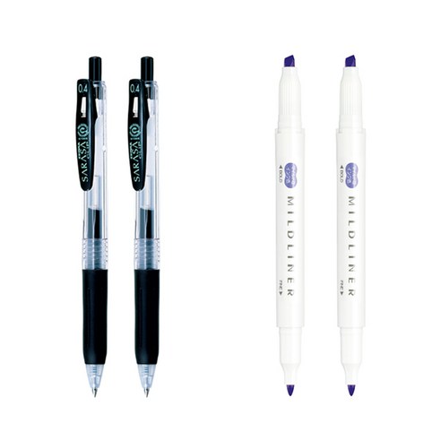제브라 마일드라이너 마카 2p + 사라사 클립 볼펜 0.4mm 2p 세트, 라벤더(마일드라이너), 검정(볼펜), 1세트